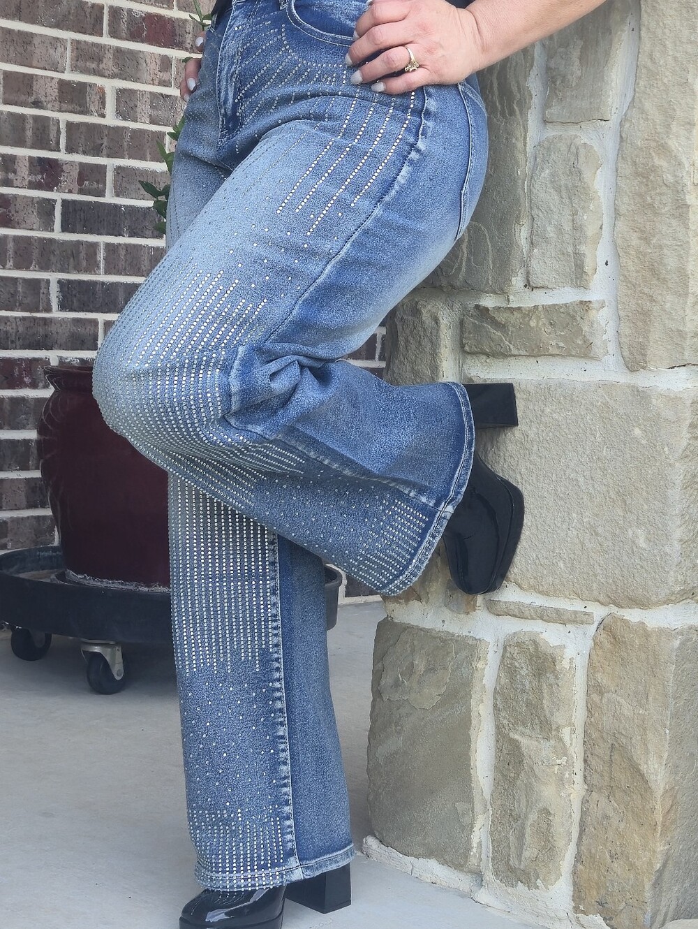 Blue Rhinestone-Embellished Flare Jeans - Women's